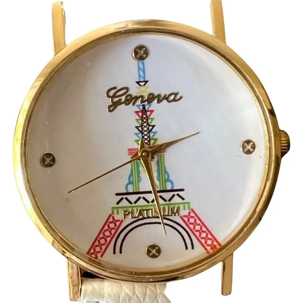 Paris Eiffel Tower White Vegan Leather Gold Tone Buckle Strap Analog Watch MINT